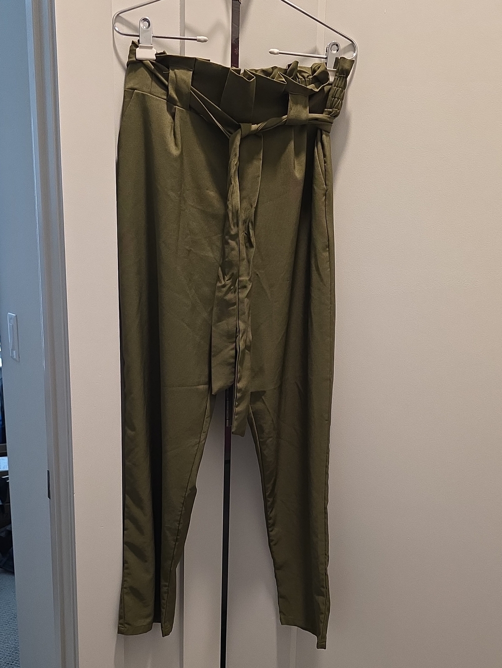 Paperbag Waist Olive Green Women's Trousers with Self-Tie Belt